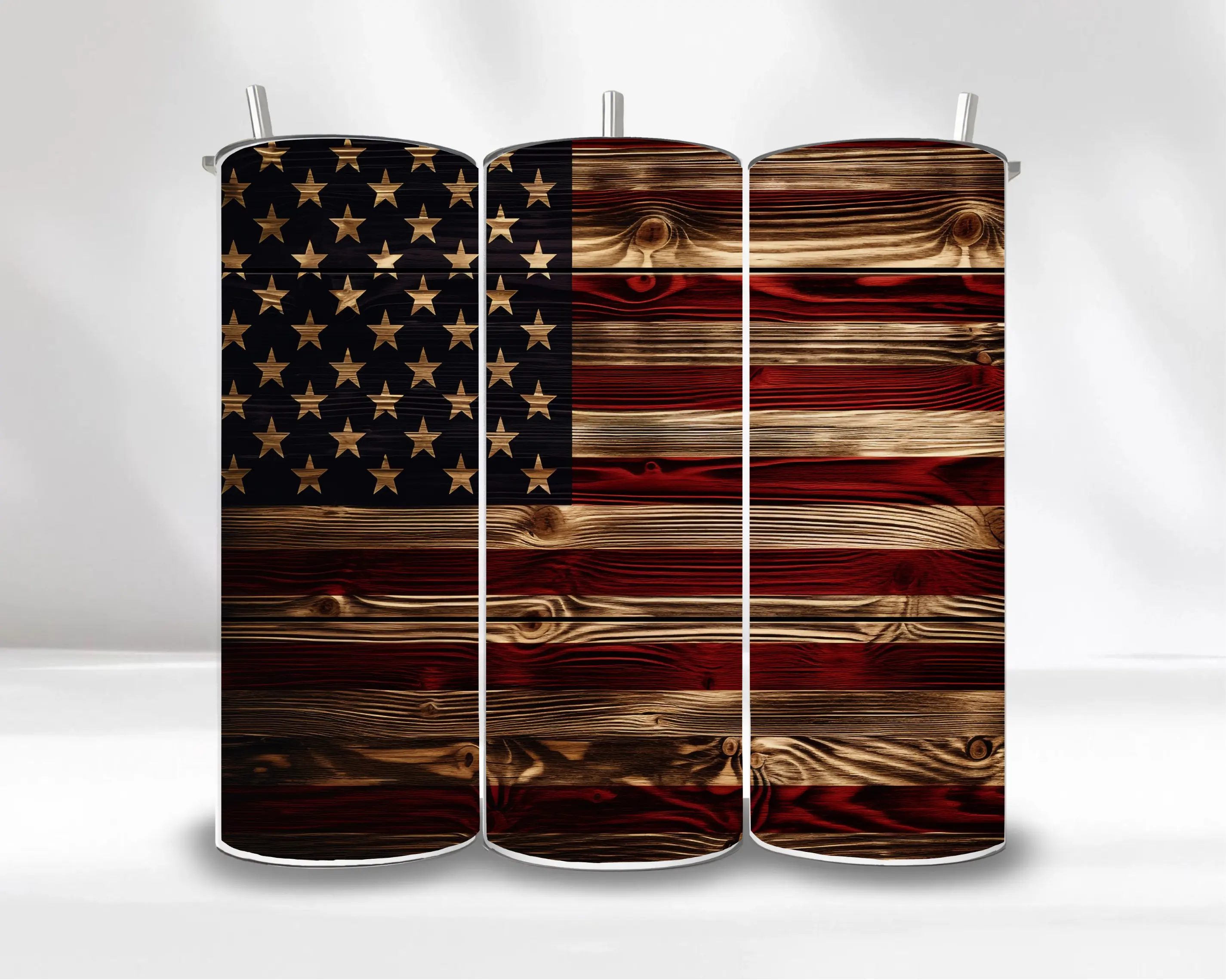 American Flag Tumbler Wood Burnt Effect - Stainless Steel Skinny Drinkware with Push Down Lid and Plastic Straw Included