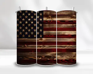 American Flag Tumbler Wood Burnt Effect - Stainless Steel Skinny Drinkware with Push Down Lid and Plastic Straw Included