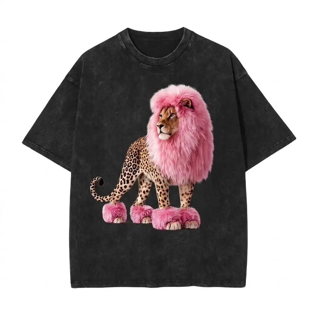 Pink Fur Leopard Graphic T-Shirt Vintage Acid Wash Oversized Alt Streetwear Tee