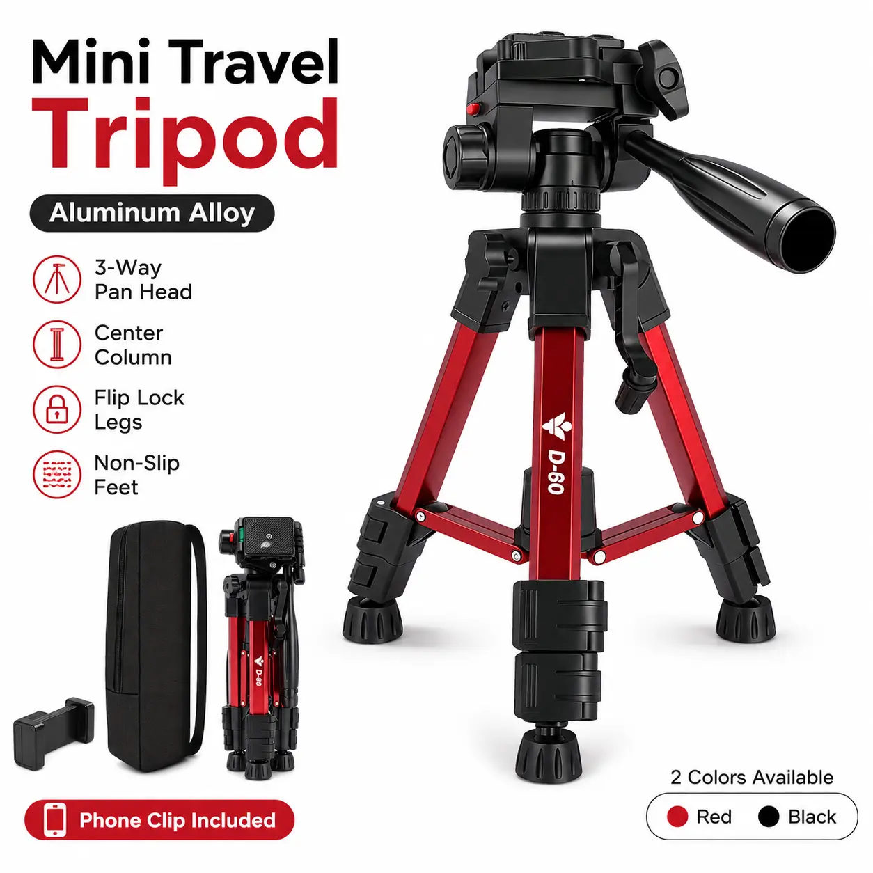 24.8-in Professional Camera & Smartphone Tripod, Aluminum Alloy-Plastic Bracket Legs & Head, Desktop Photography/Live Streaming Stand, Camera & Smartphone Accessories with Phone Holder & Travel Case