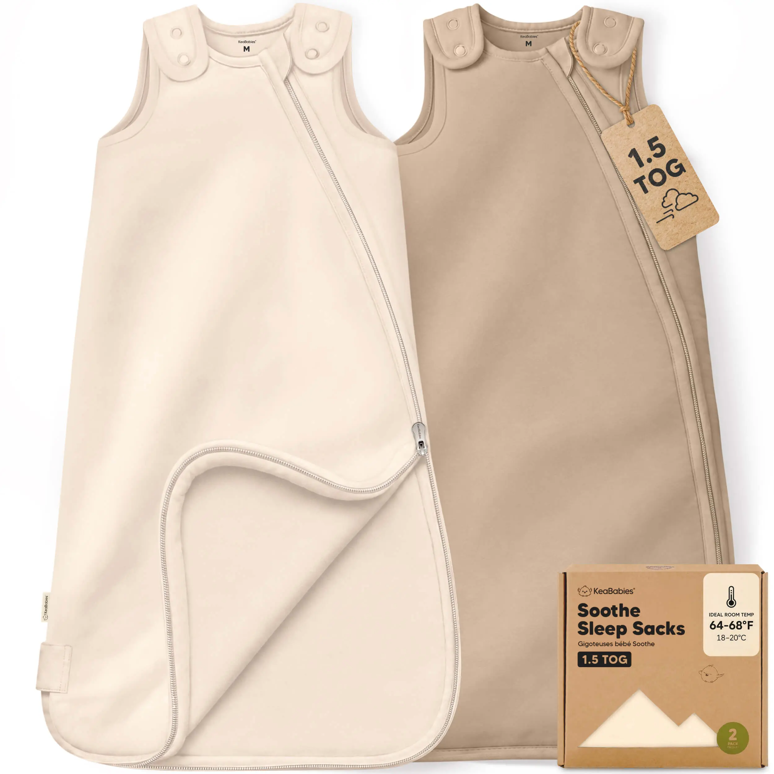 KeaBabies 2-Pack Organic Cotton Baby Sleep Sacks - 1.5TOG Lightweight Breathable Wearable Blankets, Round Zipper for Easy Diaper Change, Newborn Baby Stuff for 0-24mths Toddlers