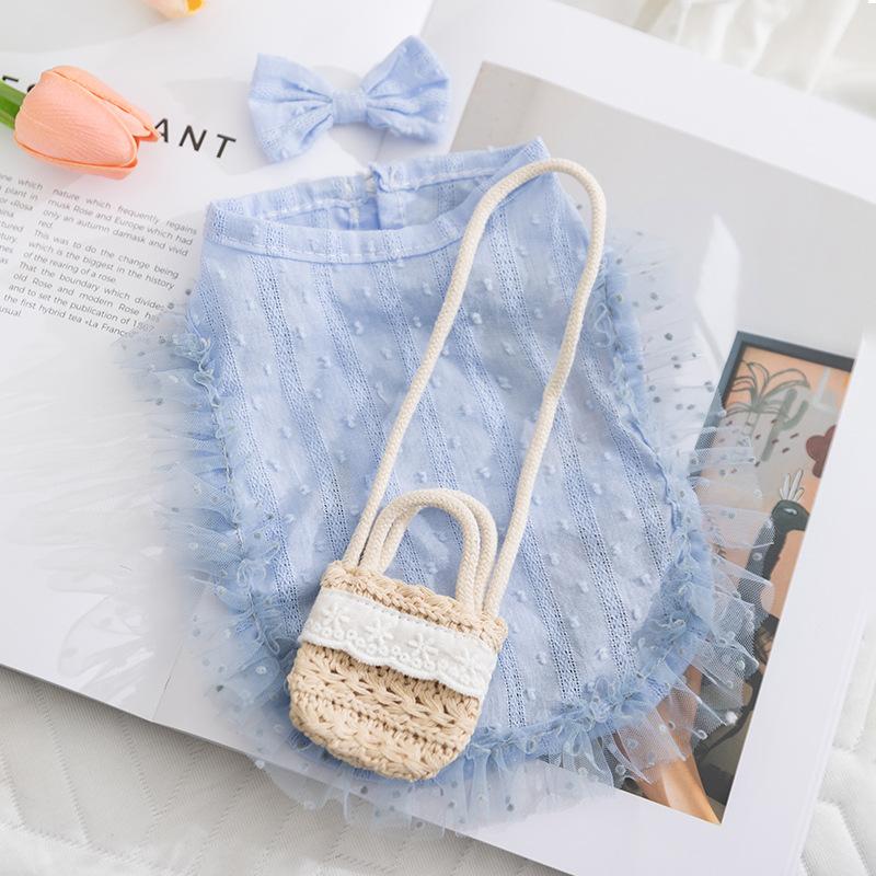 Pet Clothes Dog Cat Princess Mesh Dress sleeveless Cute Breathable With Bowknot Clip & Little Bag D00040