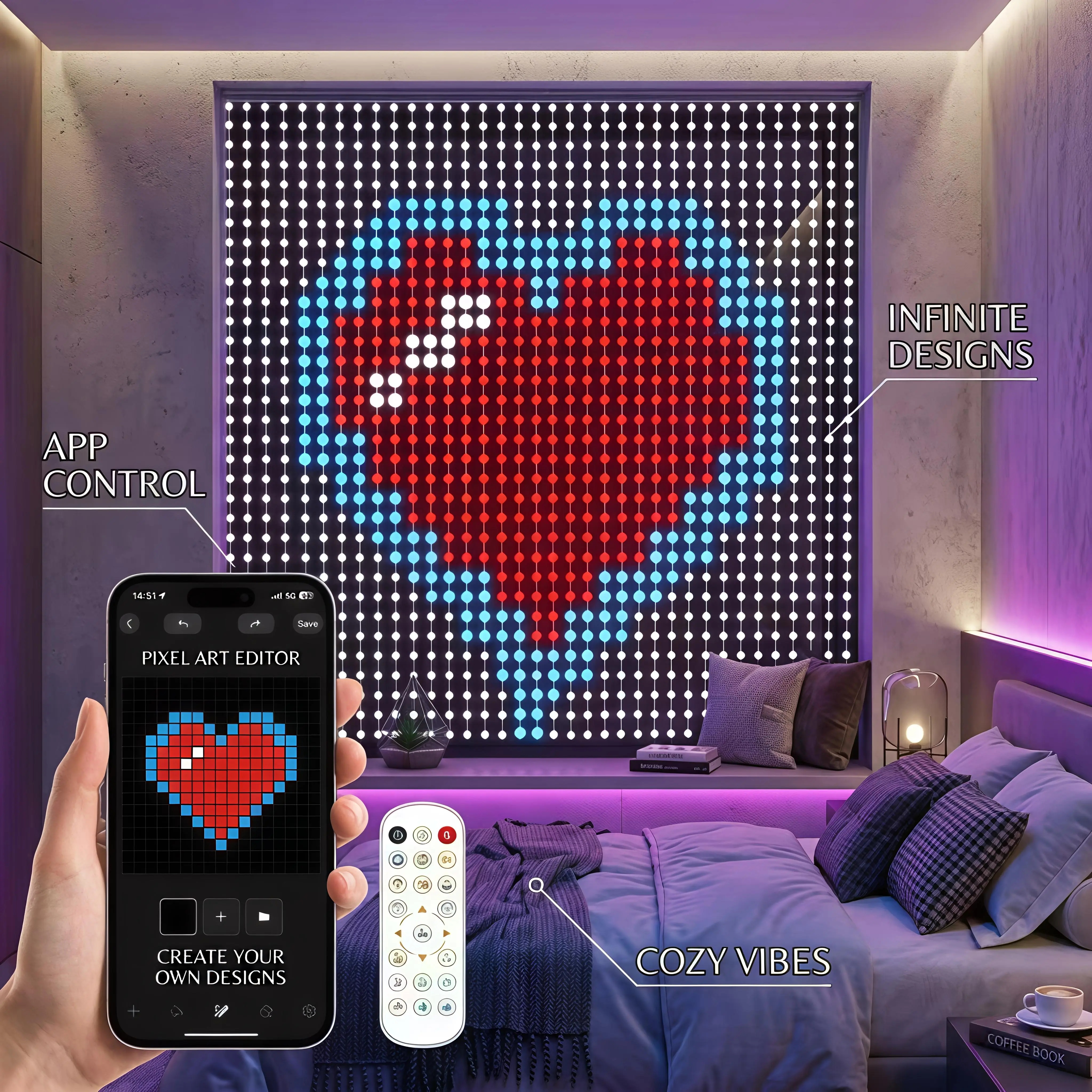 DIY Smart RGB Magic Curtain Lights, 400-LED Interior Decorative Lights with DIY Text, Music Sync, 16M Colors, Custom Messages, Custom Patterns, Adjustable LEDs, Ideal for Party, Holiday Decorations