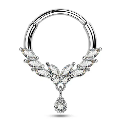 OUFER Female 16G 316L Stainless Steel Hinged 8mm-10mm Septum Ring, Butterfly Sparkle Cubic Zirconia Accents - Nose Piercing Jewelry for Septum, Daith Piercings, Daily Wear Fashion Accessory