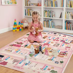 Rug&Play 4x6 Washable Dollhouse Rug Pink & Rainbow Interactive Play Mat for Kids Playroom Decor