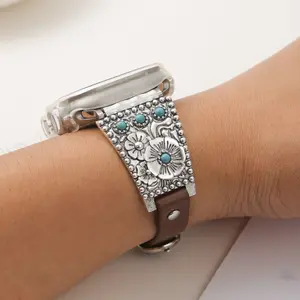 AW Turquoise Inlay Vintage Watch Band for Apple Watch| Elegant Zinc Alloy Strap for Women, Compatible with SE/1-9 Series 38-49mm