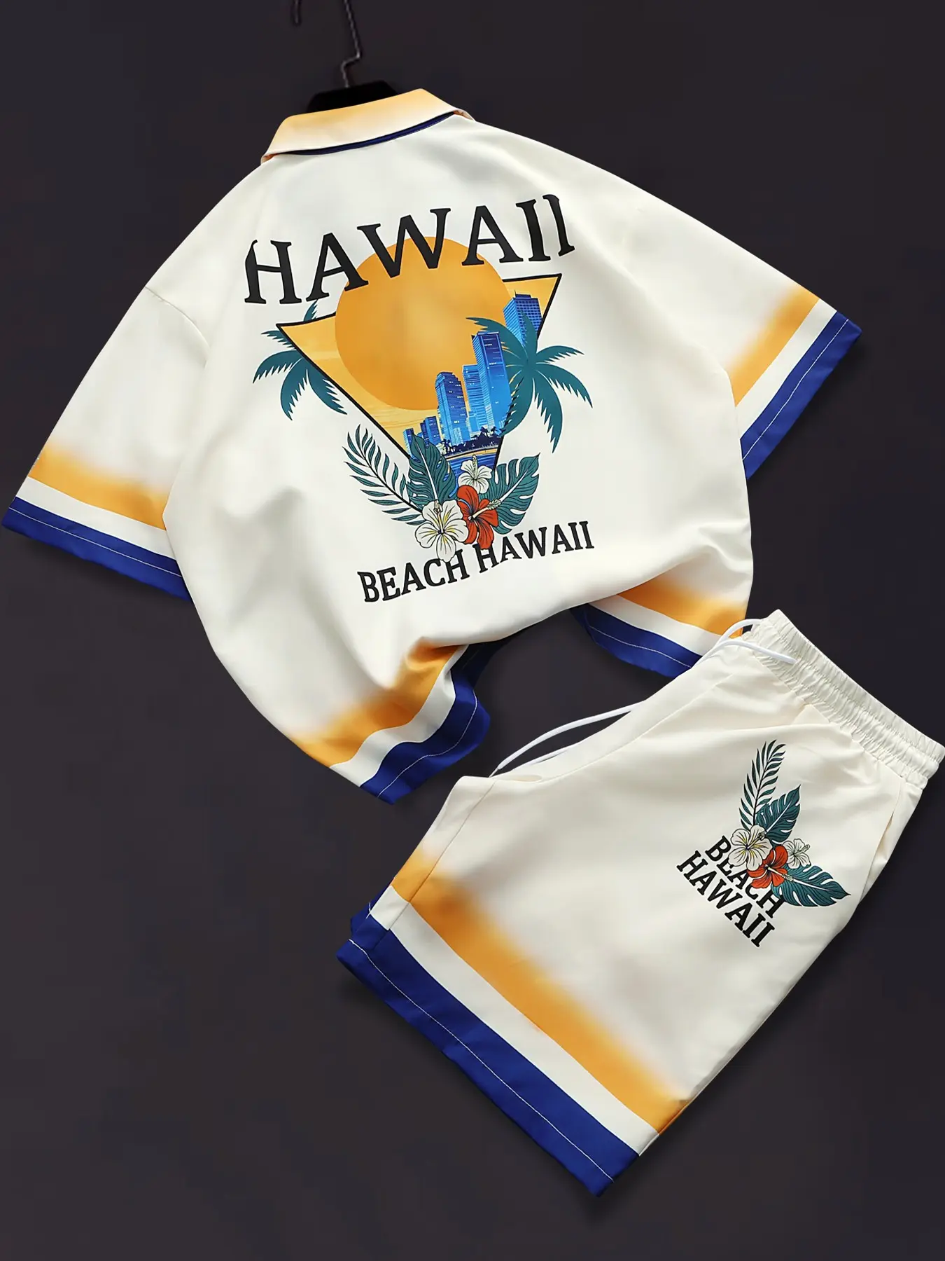 Men's Vacation, Collared Short Sleeve Button Shirt + Matching Shorts Set, Tropical Graphic, Perfect for Summer Beach Holidays, Stylish and Comfortable, Matching Outfits Set, Shorts Sets Outfits