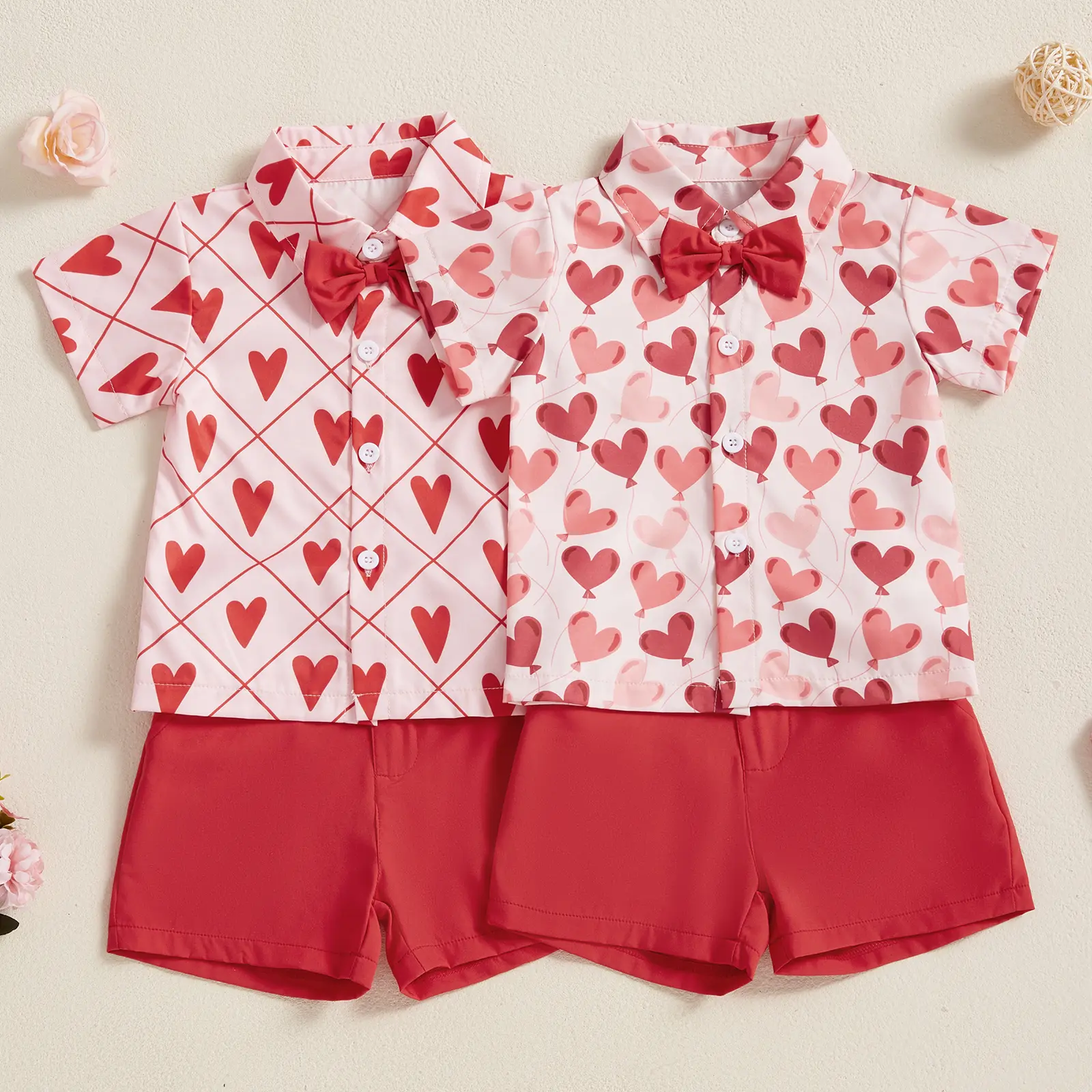 CPZVUCAK Toddler Baby Boy Valentines Outfits Button Up Short Sleeve Shirt and Shorts Set 2Pcs Valentines Clothes