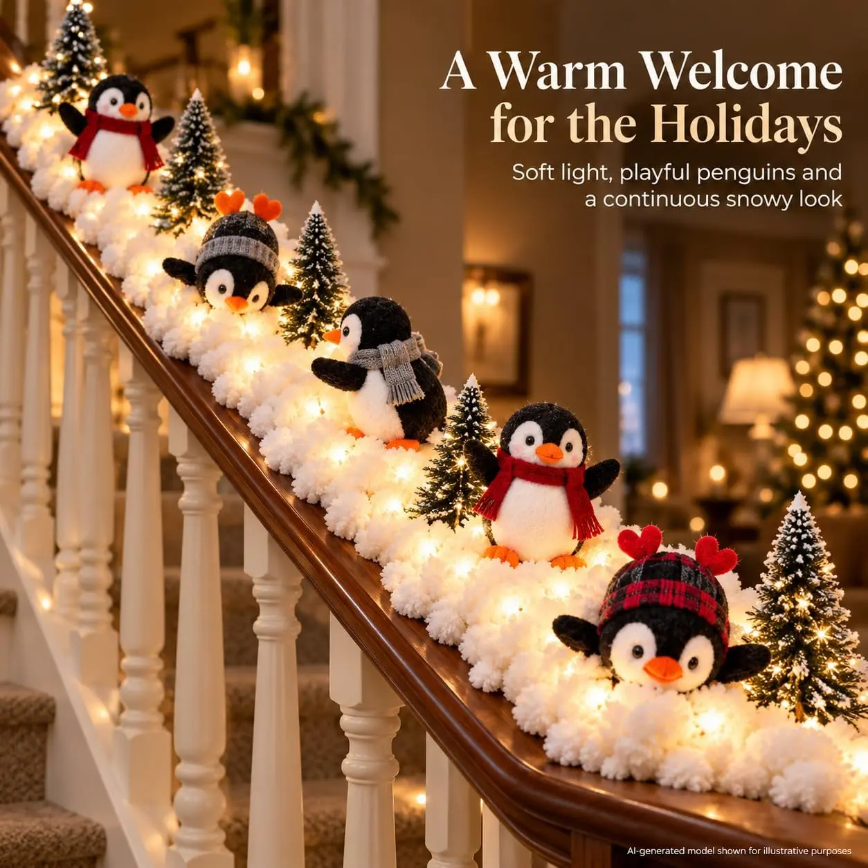 5-Piece Lighted Penguin Christmas Stair Banister Decor - Indoor Warm Glow Mood Lighting with Artificial Snow, Mini Trees, Separate Flexible Placement Sections for Railings