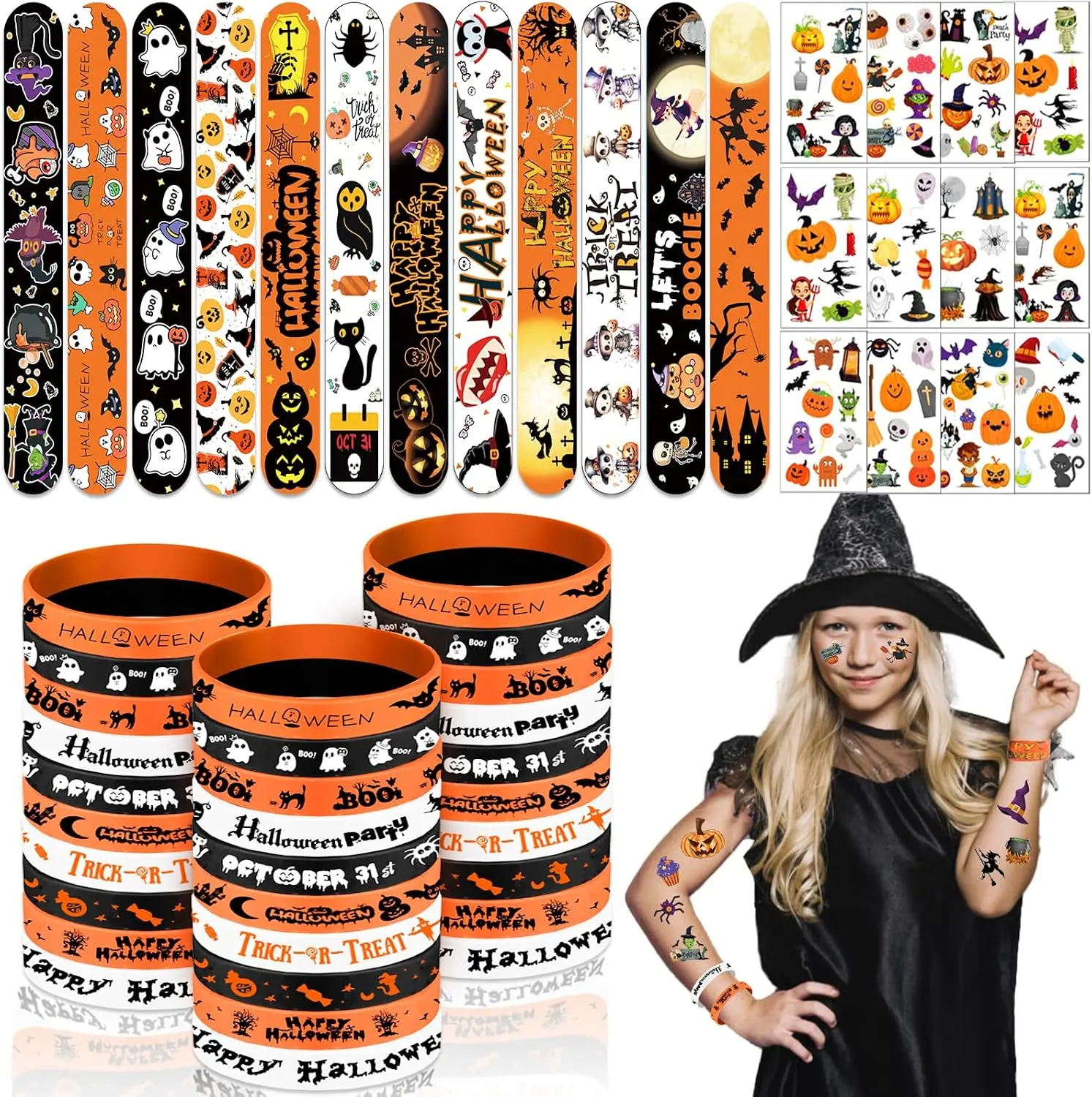 Halloween Fall Gift Party Favors for Kids, 72PCS Rubber Wristbands Slap Bracelets Tattoo Stickers  Stuffers Trick or Treat Toys