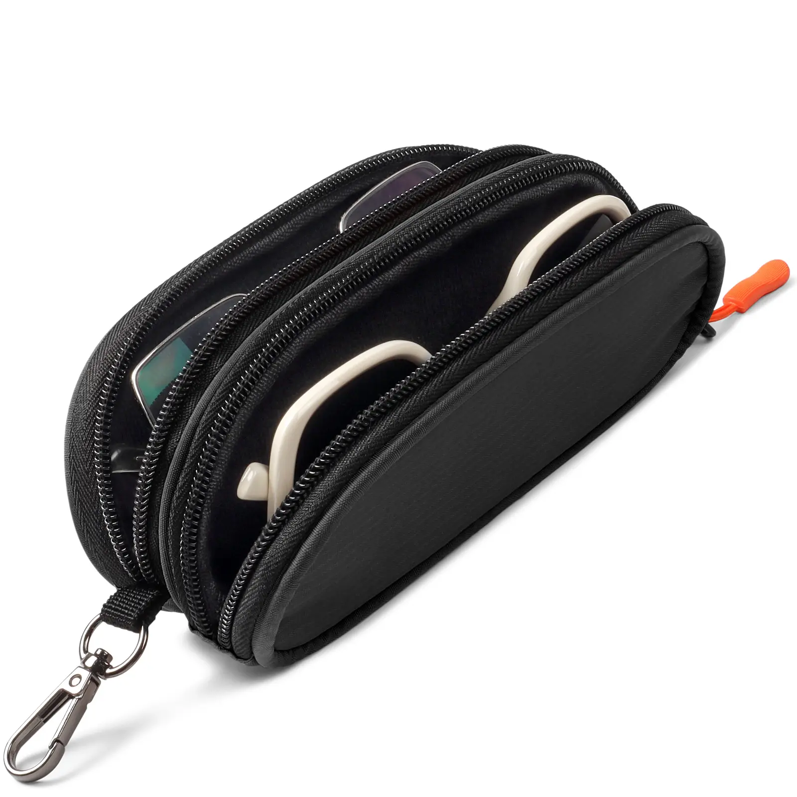Unisex Lens Protective 2-Compartment Eyeglasses Case - Soft Nylon, Portable, Keyclip Add-On, Zipper Pouch Glasses Holder for Travel