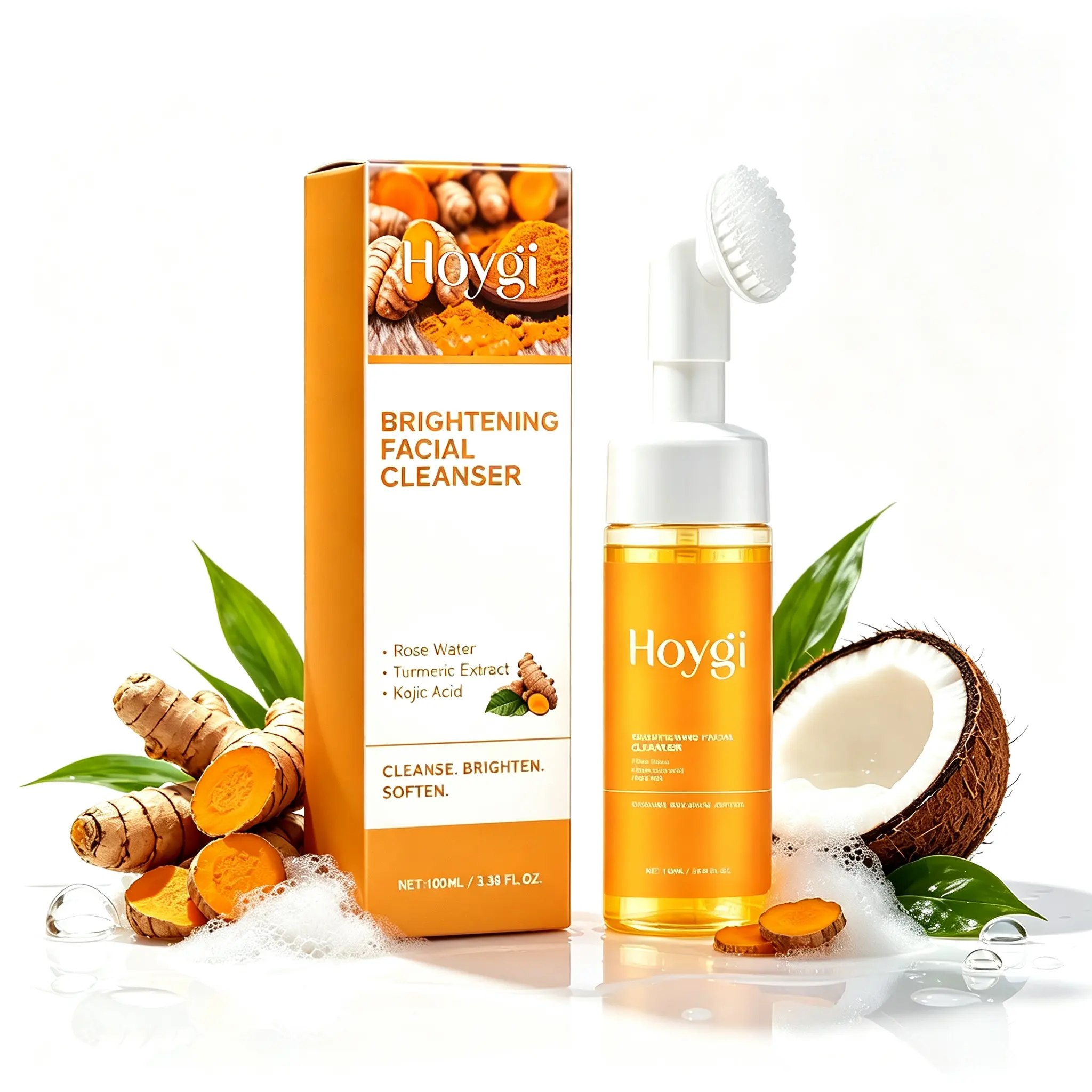 Vitamin C Turmeric Face Wash, Turmeric Foaming Facial Cleanser for Dark Spot, Uneven Skin Tone, Skin Cleansing, Moisturizing, Exfoliating Facial Cleanser with Brush,Unisex
