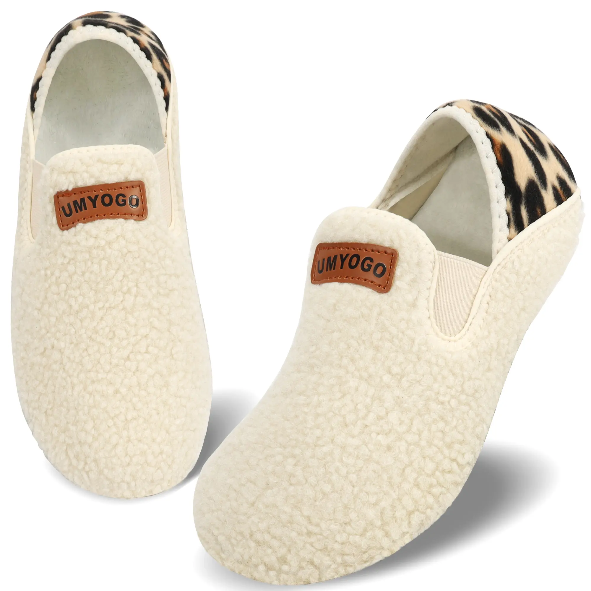 Cozy House Slippers for Women & Men Leopard Trim, Easy Slip-On Design, Stretch Sides, Non-Slip Rubber Sole, Lightweight Indoor & Travel Shoes