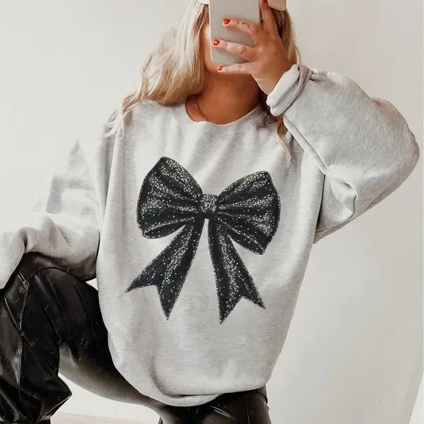 Women's Graphic Coquette Bow Print Pullover Sweatshirt, Soft Cotton Blend Long Sleeve Top, Casual Soft Girl Aesthetic Gift