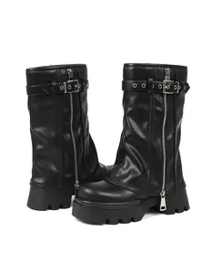 Vintage Motorcycle Style Women's Mid-calf Platform Boots with Buckle Strap & Side Zipper for Casual Outings & Retro-themed Events