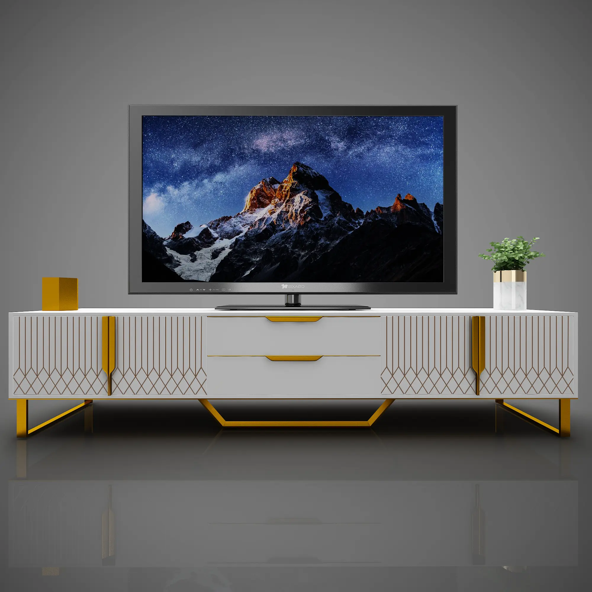 White Modern Rectangular TV Console Table with Carved Panels, Metal Legs, Storage Cabinets, Large-Capacity Indoor Home Entertainment Center for Living Room, Requires Assembly, Single Unit
