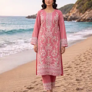 Linen Embroidered 2 Piece Collection Shirt and Trouser Set in Soft Pink with Detailed White Embroidery Elegant Dress