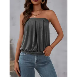 Solid Color Ruched Tube Top, Versatile Strapless Loose Tube Top For Summer, Women's Clothing
