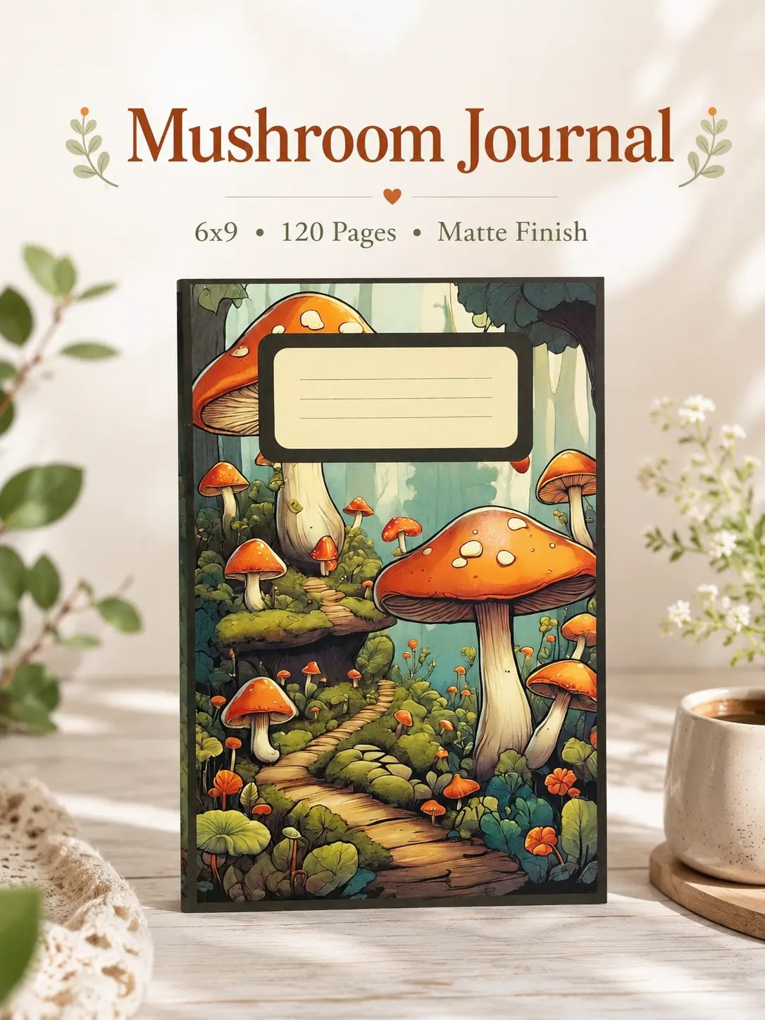 Mushroom-Themed 6x9 Lined Notebook, 120-Page Matte Finish Cottagecore Writing Journal, Forest Office Stationery Gift