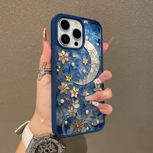 Trendy Magnetic Case for iPhone11/12/13/14/15/16/17/Air/plus/promax Mosaic Moon and Flowers MagSafe Ready, Ultra Thin & Shockproof | Cute Pick for Girls