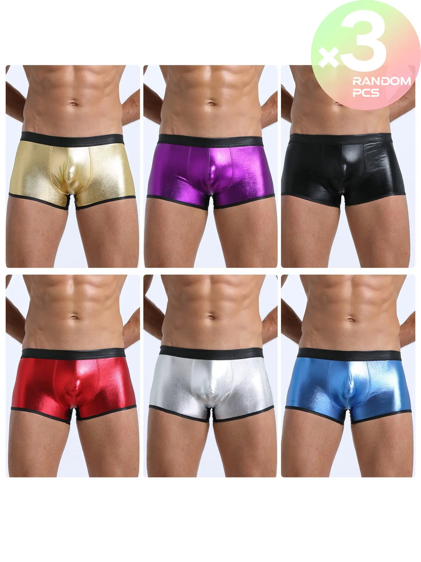 2/3/4 Pcs Random Color Men's Low-rise Faux Leather Sports Fitted Boxer Shorts, Casual Underwear, Solid Color Shiny Metallic Texture, Fashion Unique Modern Design, Suitable for Indoor Fitness, Sports and Casual Wear