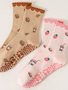 Women's Anti-Slip Pilates Yoga Socks, Grip Sock, Cute Strawberry Cake Pattern Lace Edge Mid-Calf Socks, Soft Comfortable Breathable Sports Socks