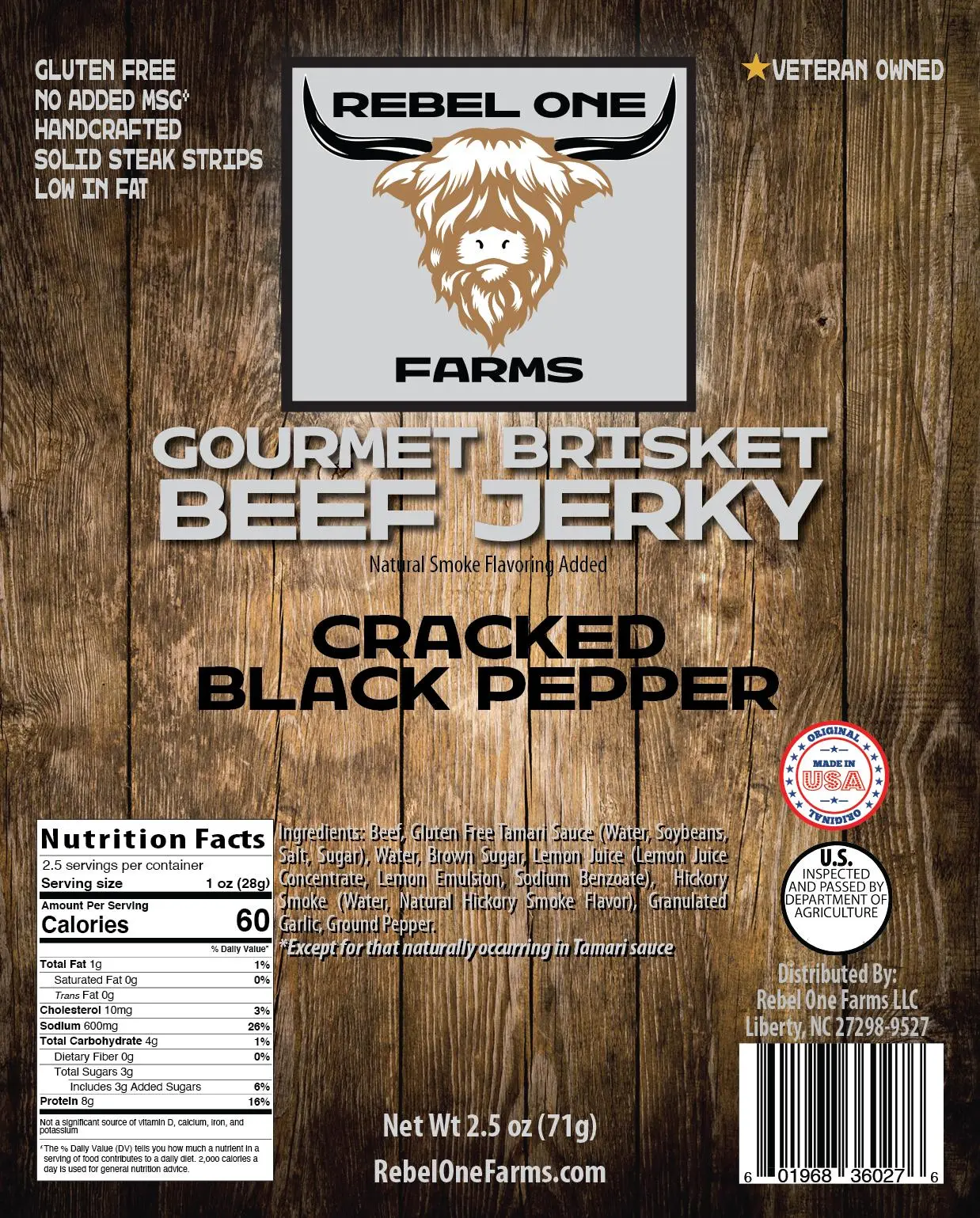 Rebel One Farms Cracked Black Pepper Gourmet Brisket Beef Jerky Gluten Free Natural Dry Snack 2.5 oz Veteran Owned