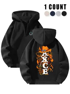 Men's Half-Zip Anime Graphic Sweatshirt, Trendy Streetwear Pullover with Flame & Hat Design, Casual Urban Fashion for Anime Enthusiasts & Street Style Lovers, Half Zip Sweatshirts