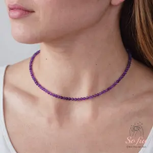 Tiny Gemstone Beaded Choker Necklace, Dainty Smooth Amethyst Gemstone Beaded Necklace, Waterproof Crystal Beaded Choker, Dainty Minimalist Style for Women Handmade Adjustable, gift for her