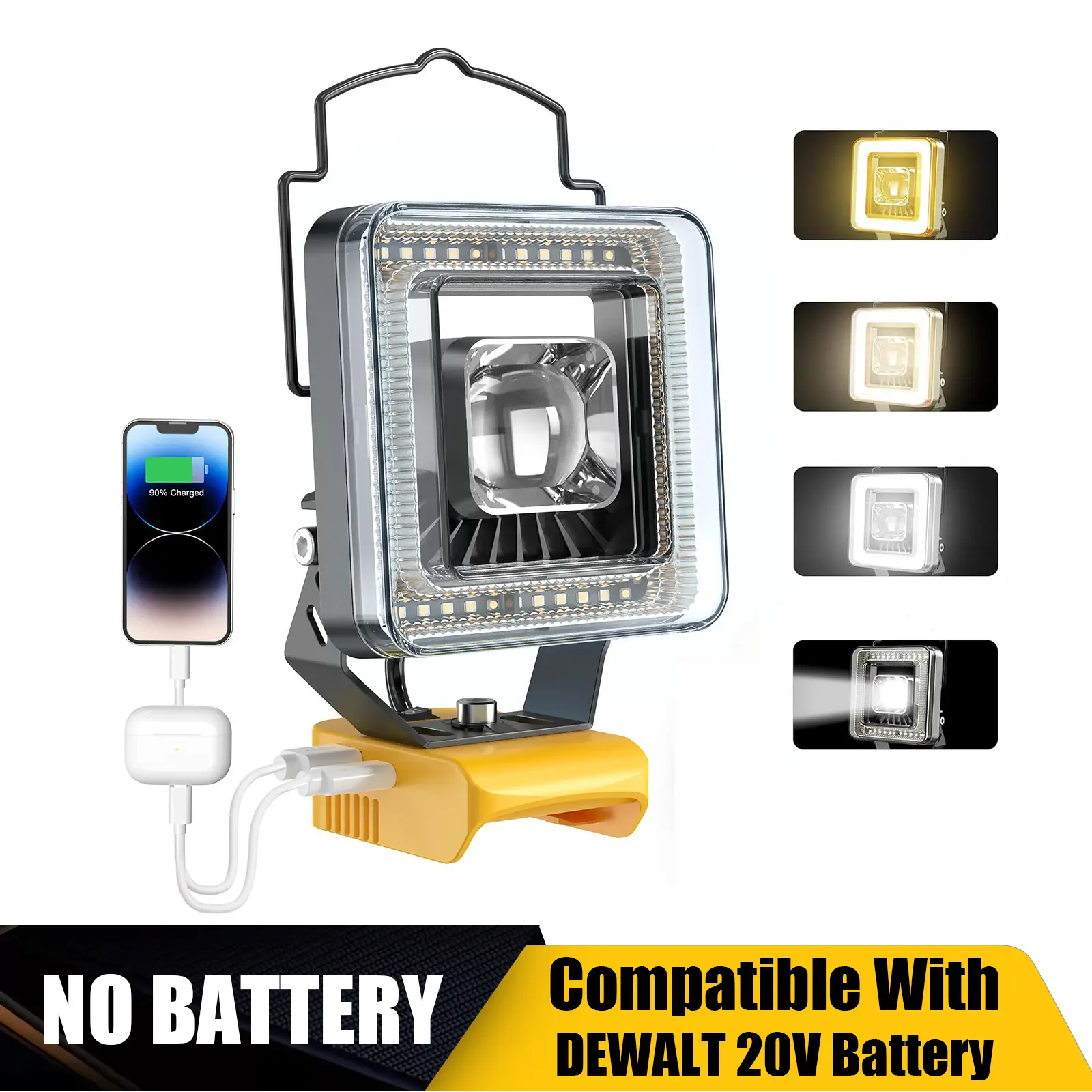 LED Work Light for Dewalt 20V Battery, Battery Not Included, 4 Color Temperature Modes, 60W 6000 Lumens Spotlight Flashlight with USB & Type-C Chargin