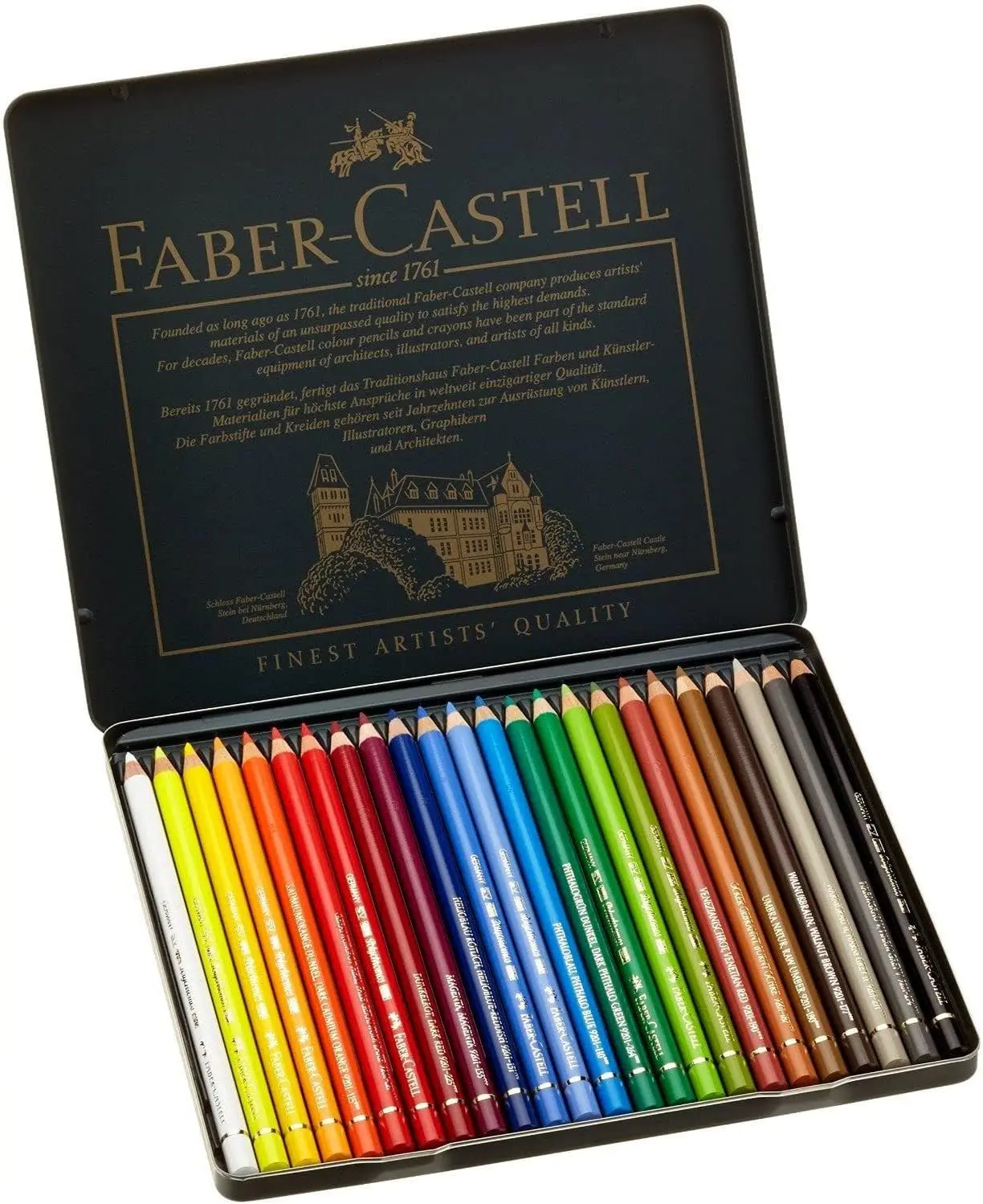 Faber-Castell Polychromos 24 Artist Quality Color Pencils, 24 Pieces with 3.8mm Oil-Based Lead, Premium Metal Tin Box for Home Supplies Storage