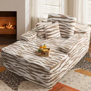 HOOOWOOO Oversized Chaise Lounge Chair Indoor, Zebra Plush Corduroy Sofa Bed for Living Room, Bedroom, Reading Room, No Assembly Required, with Throw Pillows, Sleeper Chair