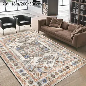 Bohemian Velvet Carpet, Vintage Persian Floral Pattern, Luxury Moroccan Rug, Non-Slip Washable Mat, Home Decor for Living Room, Bedroom, Kitchen, Washable Area Rug