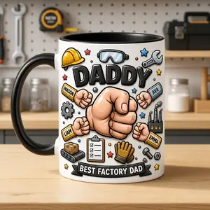 Custom Factory Dad Mug, 2D Printed 3D Effect Ceramic Coffee Cup, Daddy Fist Kids Names Tools Design, Personalized Gift for Factory Workers, Fathers, Mechanics, Birthday Father’s Day Gift