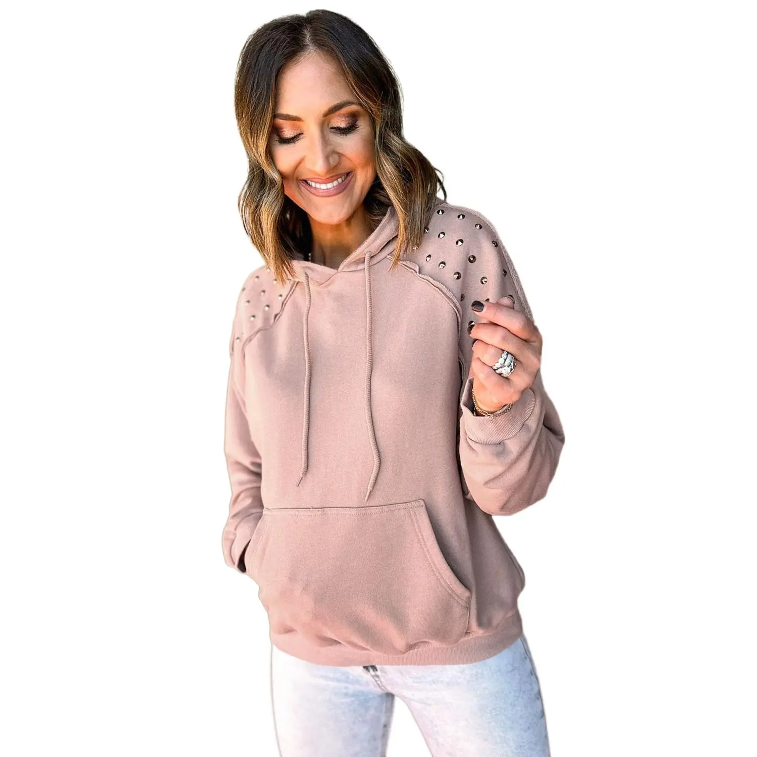 Women's Fuchsia Solid Color Rivet Stud Kangaroo Pocket Fitted Raglan Sleeve Hoodie, Essential Vibe Style Top