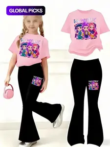 Girls' Kpop Print 2-Piece Set, Casual Sporty Short Sleeve & Bell Bottoms, Comfortable Elastic Waist Pants, Spring Summer