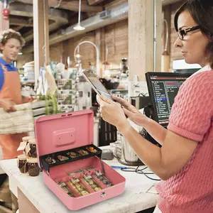 KYODOLED Locking Cash Box with Lock,Money Box with Cash Tray,Lock Safe Box with Key,Money Saving Organizer,11.81Lx 9.45Wx 3.54H Inches,Pink XL Large GT-CBKC-XL-PIKN