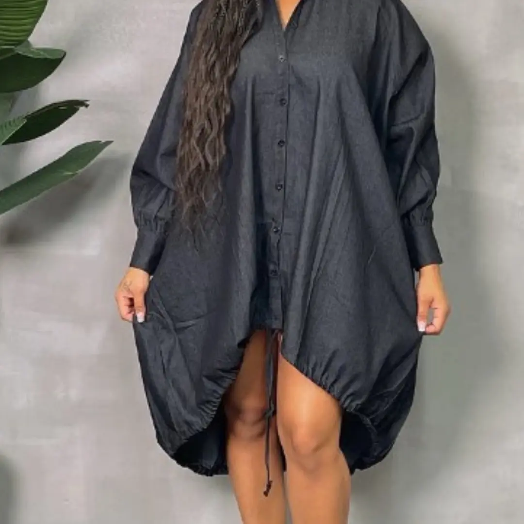 Oversize Shirt Dress - Black Denim Casual Street