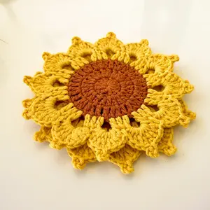 Handmade Sunflower Crochet Coaster – Cotton Flower Mug Mat – Rustic Table Decor