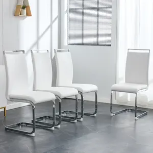 Modern Dining Chairs,PU Faux Leather High Back Upholstered Side Chair with C-shaped Tube Chrome Metal Legs for Dining Room Kitchen Vanity Patio Club Guest Office Chair (Set of 4)(White+PU Leather) Solid Wood Armchair Dressing Table Stool