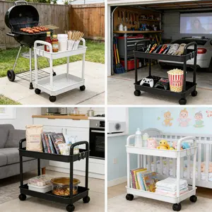 Two Tier Utility Cart with Wheels Storage Shelves and Basket Easy Assembly Rolling Cart for Bathroom RV Office Workshop Bedside Snack or Multi Layer Storage Unit