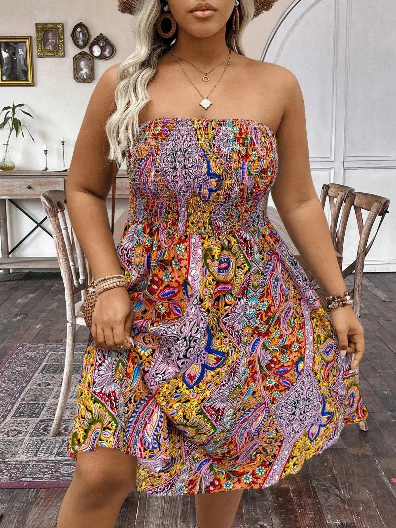 Plus Size Women's Strapless Ethnic Print Short Beach Dress, Sexy Summer Casual Boho Style, Comfortable & Stylish Bohemian, Womenswear