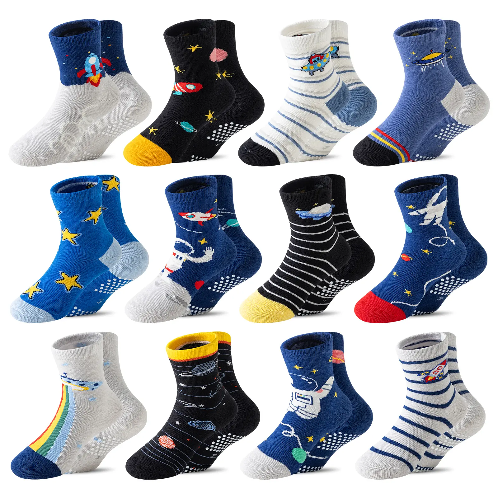 Baby Boy Toddlers' 12-Pair Anti-Slip Cotton Crew Socks, All Seasons Calf Height Breathable Grips Socks with Funny Cartoons & Graphic Print, Breathable Cotton