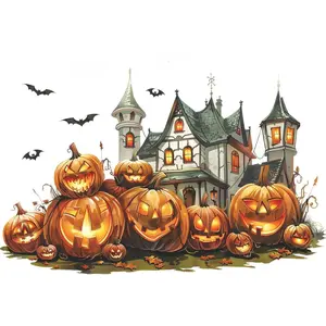 Halloween Pumpkin Wall Decals Horror Pumpkin Castle Halloween Wall Stickers Witch Bats Spooky Vinyl Removable Peel and Stick Wallpaper for Kids Boys Bedroom Nursery Holiday Party Decor