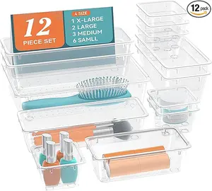 12‑Piece Drawer Organizer Set Clear Plastic Storage Trays for Makeup Desk & Bathroom 4 Sizes Modular Dividers for Vanity Office Supplies Jewelry Tools & Gadgets