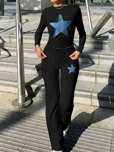 Women's Spring & Fall Yoga Set, Long Sleeve Sweatsuit, Slim Fit Round Neck Top & Wide Leg Pants, Casual Star Print Design, Sweatsuit Outfits