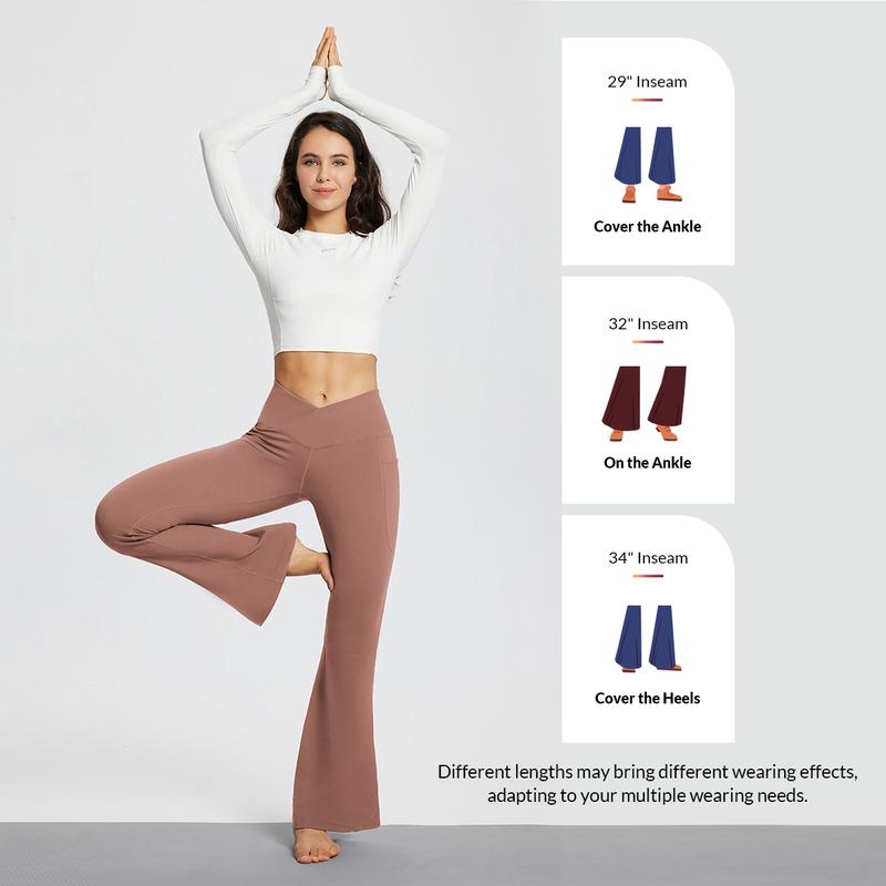 baleaf 29''/32''/34'' inseam Women Flare Leggings Crossover V-Cut Yoga Pants Flare Khakis High Waist Casual Workout Lounge Tall Bottom Pockets Petite Girls Forbidden Pants