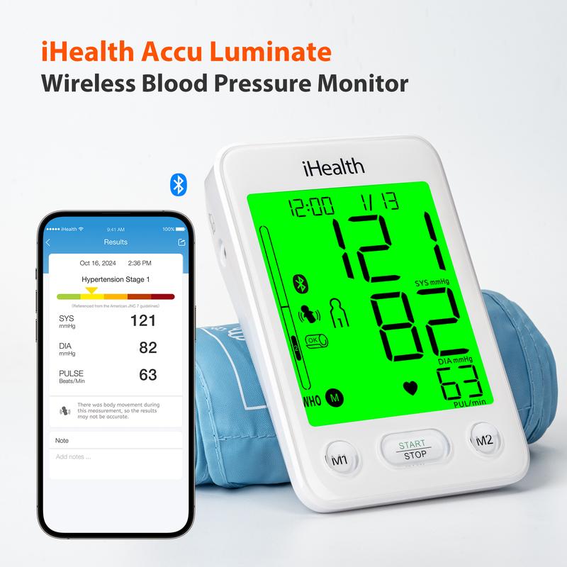 iHealth Bluetooth Blood Pressure Monitor with Large Cuff & Color-Coded Display, Dual Users 2*120 Readings, Automatica Upper Arm Blood Pressure Machine with Cloud Storage & Body Movement Detection, Portable Healthcare Kit