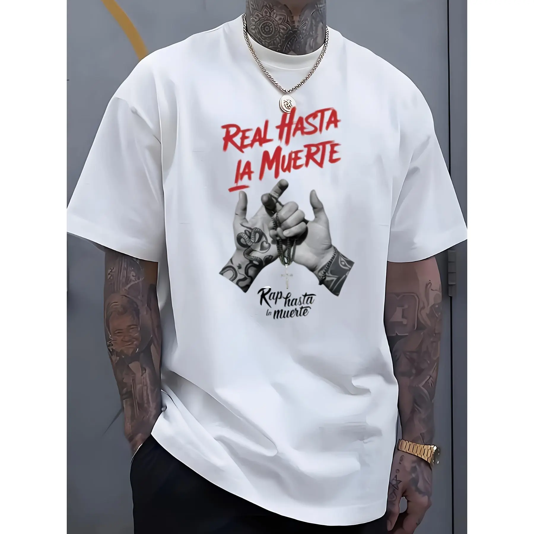 Men's "Real Hasta La Muerte" Graphic Print Crew Neck T-Shirt, 100% Soft Cotton Loose Street Fit Short Sleeve Casual Streetwear Menswear Top
