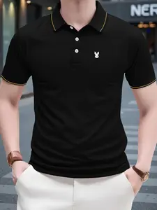 Men's Regular Fit Rabbit Print   Polo Shirt, Casual Short Sleeve Half Button Top for Summer, Fashion Men's Clothes for Daily Wear